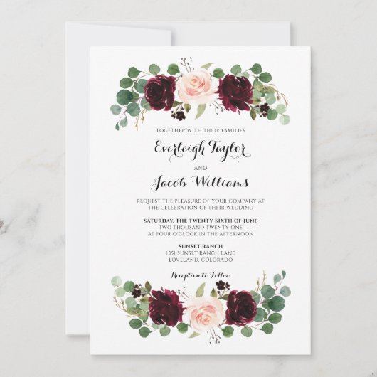 Burgundy Red Blush Pink Foto Floral Weddenschap Kaart (Voorkant)