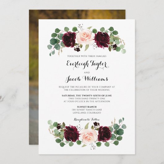Burgundy Red Blush Pink Foto Floral Weddenschap Kaart (Voorkant / Achterkant)