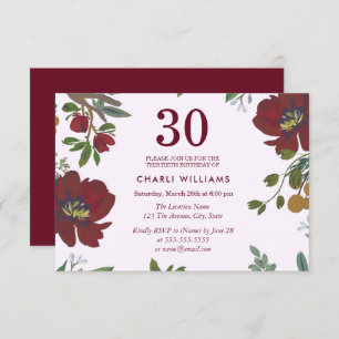 Burgundy Red Boho 30th Birthday Party Invite Kaart