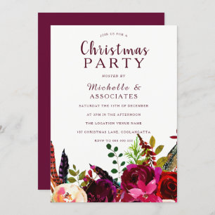 Burgundy Red Boho Floral Work Kerstparty Kaart