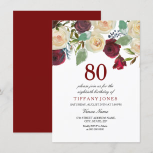 Burgundy Red Champagne White roses 80ste verjaarda Kaart