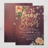 Burgundy Red Chic Floral String Lights Baby shower Kaart (Voorkant / Achterkant)