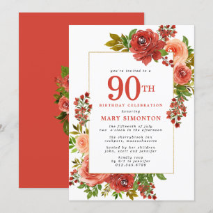 Burgundy Red Coral Pink Rose 90th Birthday Kaart