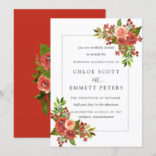 Burgundy Red Coral Pink Rose Wedding Kaart