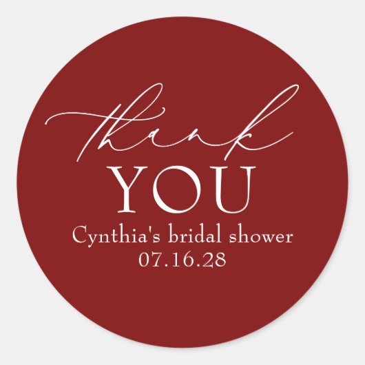 Burgundy Red Elegant Script Modern Thank You  Ronde Sticker (Voorkant)