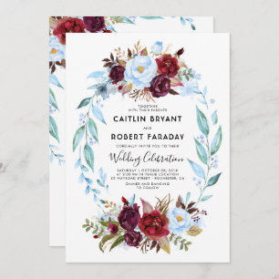 Burgundy Red en Dusty Blue Floral Wedding Kaart