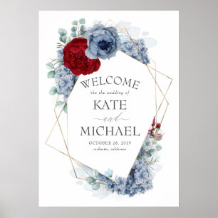 Burgundy Red en Dusty Blue Floral Wedding Welcome Poster