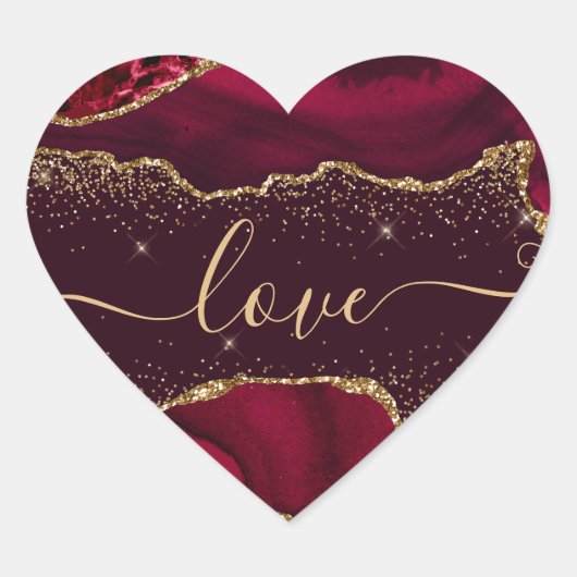 Burgundy Red en Faux Gold Glitter Agate Valentijns Hart Sticker (Voorkant)