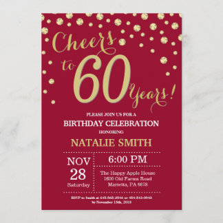 Burgundy Red en Gold 60th Birthday Diamond Kaart