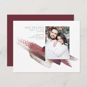 Burgundy Red en Gold Modern Save the Date Photo