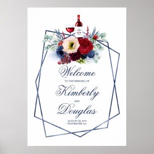 Burgundy Red en Navy Blue Wedding Welcome Sign Poster