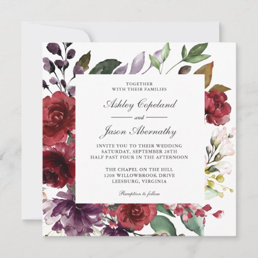 Burgundy Red en Paarse Floral Romantic Wedding Kaart (Voorkant)
