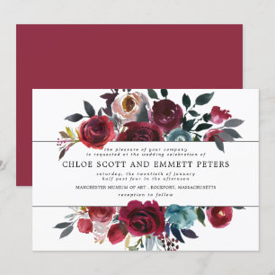 Burgundy Red en Pink Rose Floral Wedding Kaart