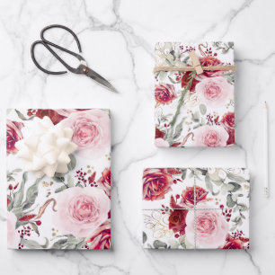 Burgundy Red en roze Floral botanisch legant Inpakpapier Vel