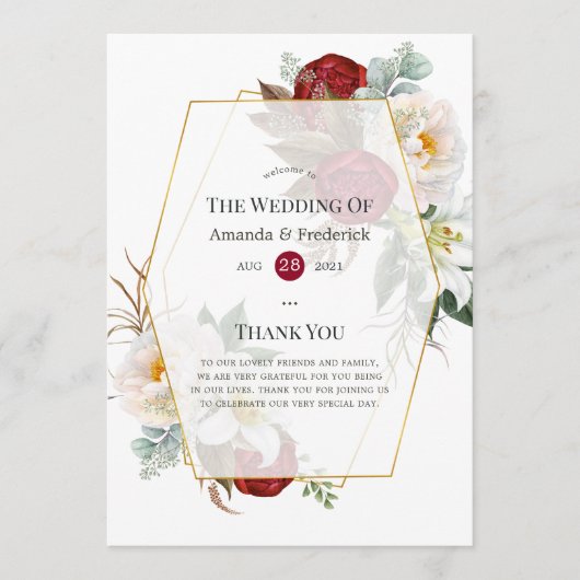 Burgundy Red en White Floral Geometric Wedding Programma (Voorkant)