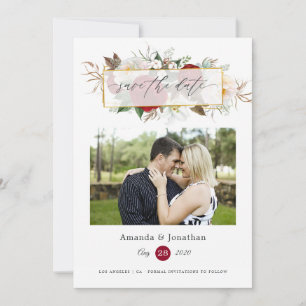 Burgundy Red en White Floral Geometric Wedding Save The Date