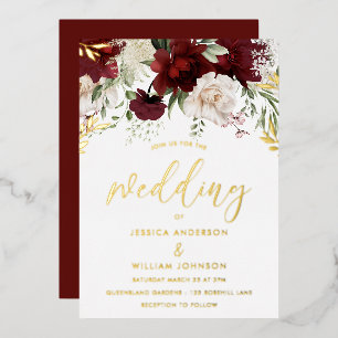 Burgundy Red en White Floral Wedding Gold Folie Uitnodiging