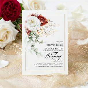 Burgundy Red en White Flowers Elegant Wedding Kaart