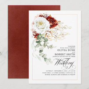 Burgundy Red en White Flowers Elegant Wedding Kaart