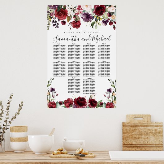 Burgundy Red Floral 10-tafel weddenschappen Poster (Keuken)
