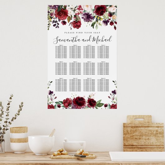 Burgundy Red Floral 12-tafel weddenschappen Poster (Keuken)