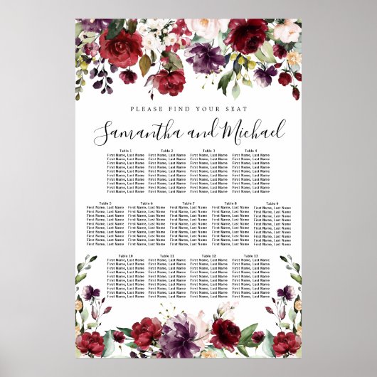 Burgundy Red Floral 13-tafel weddenschappen Poster (Voorkant)