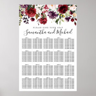 Burgundy Red Floral 20-tafel bruiloft Poster