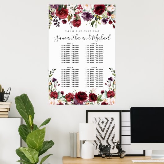Burgundy Red Floral - 4-tafel weduwenkaart Poster (Thuiskantoor)