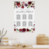 Burgundy Red Floral 6-tafel bruiloft Poster (Keuken)