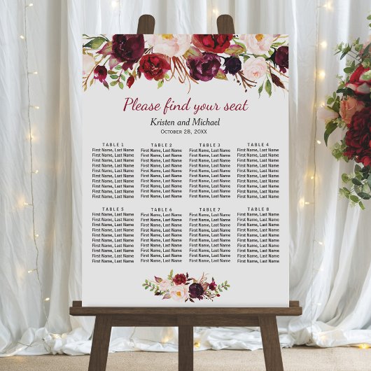 Burgundy Red Floral 8 Tables Wedding Seding Chart Poster