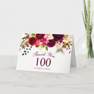 Burgundy Red Floral Boho 100th Birthday Hartelijk  Bedankkaart