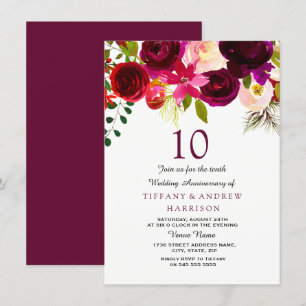 Burgundy Red Floral Boho 10th Wedding Jubileum Kaart