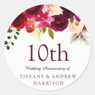 Burgundy Red Floral Boho 10th Wedding Jubileum Ronde Sticker