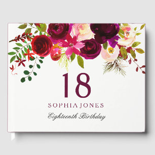 Burgundy Red Floral Boho 18e verjaardag Gastenboek