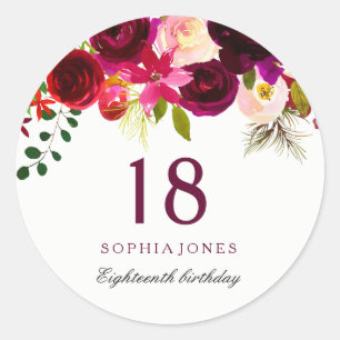 Burgundy Red Floral Boho 18e verjaardag Ronde Sticker