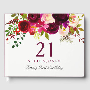 Burgundy Red Floral Boho 21e verjaardag Gastenboek