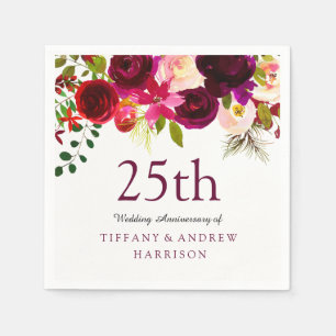 Burgundy Red Floral Boho 25th Wedding Jubileum Servetten