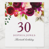 Burgundy Red Floral Boho 30th Birthday Party Wijn Etiket (Enkel label)