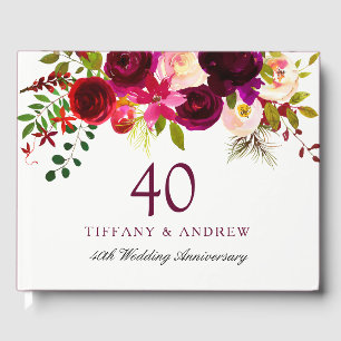 Burgundy Red Floral Boho 40th Wedding Jubileum Gastenboek