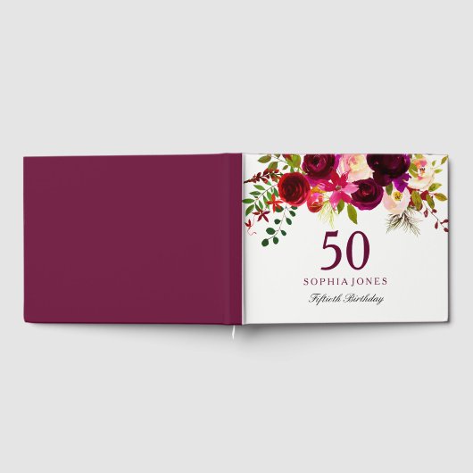Burgundy Red Floral Boho 50th Birthday Party Gastenboek (Volledig)