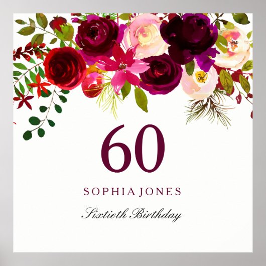 Burgundy Red Floral Boho 60th Birthday Party Poster (Voorkant)