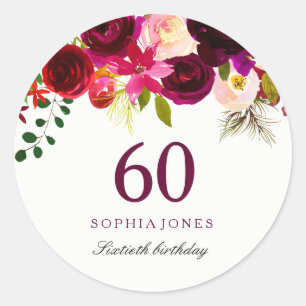 Burgundy Red Floral Boho 60th Birthday Party Ronde Sticker
