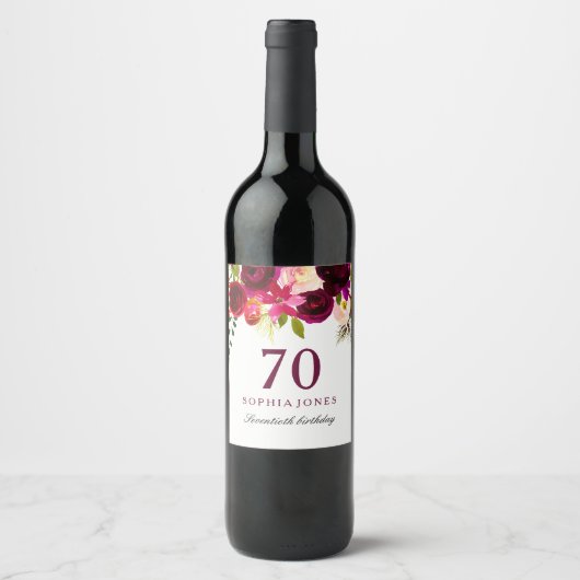 Burgundy Red Floral Boho 70th Birthday Party Wijn Etiket (Voorkant)
