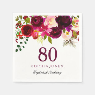 Burgundy Red Floral Boho 80th Birthday Party Servetten