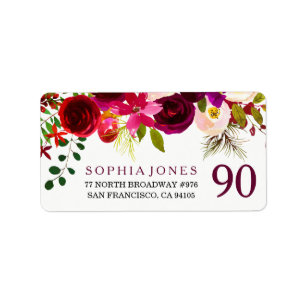 Burgundy Red Floral Boho 90th Birthday Party Etiket