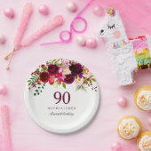 Burgundy Red Floral Boho 90th Birthday Party Papieren Bordje (Feest)