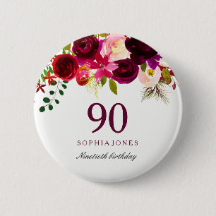 Burgundy Red Floral Boho 90th Birthday Party Ronde Button 5,7 Cm