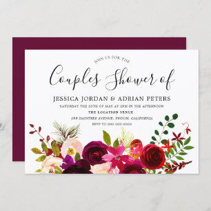 Burgundy Red Floral Boho Couples Shower Invite Kaart