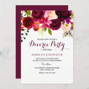 Burgundy Red Floral Boho Divorce Party Invite Kaart