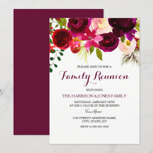 Burgundy Red Floral Boho Family Reunion Invite Kaart